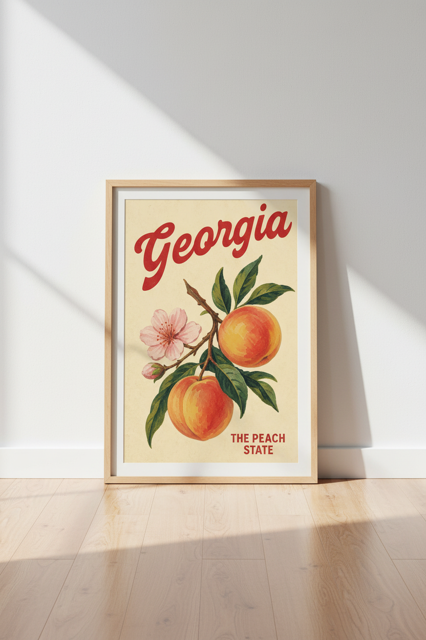Georgia Peach State Wall Art | Vintage Botanical Poster, Kitchen Decor