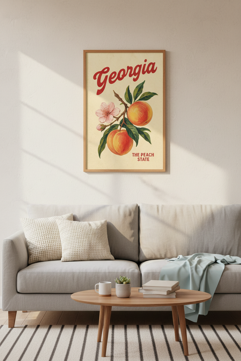 Georgia Peach State Wall Art | Vintage Botanical Poster, Kitchen Decor