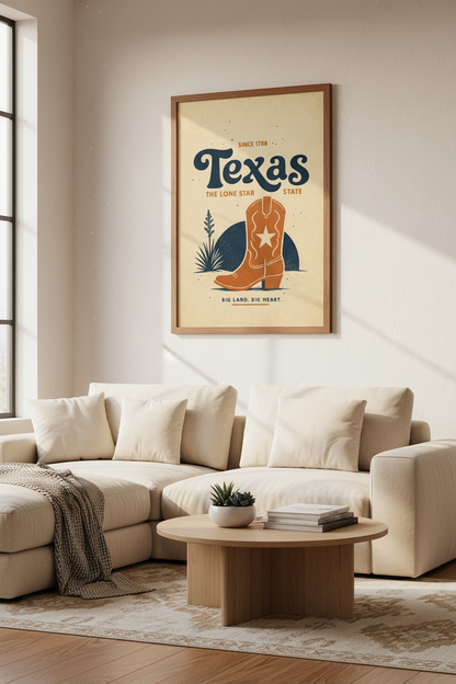 Texas Cowboy Boot Wall Art | Retro Western Decor | Lone Star State Poster
