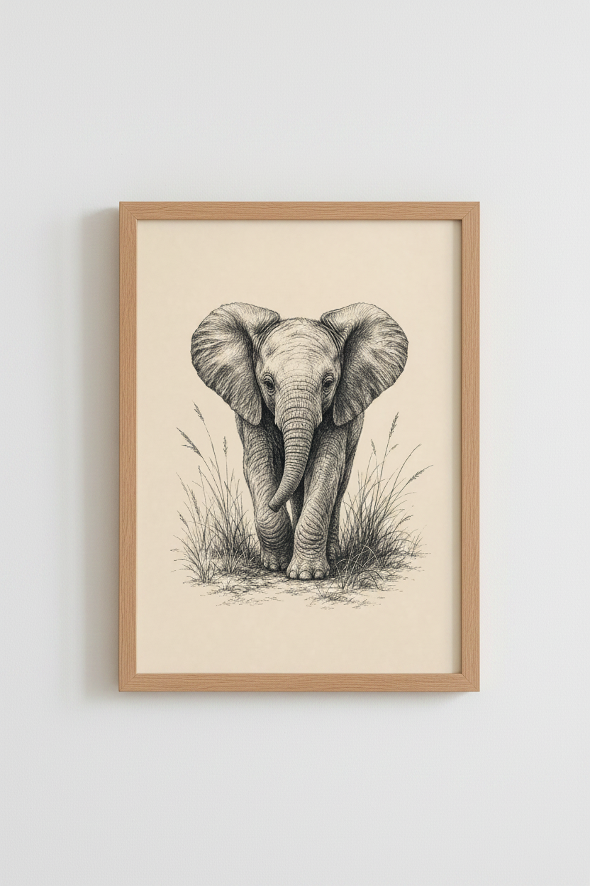 Baby Elephant Sketch Wall Art | Vintage Safari Nursery Decor | Minimalist Poster