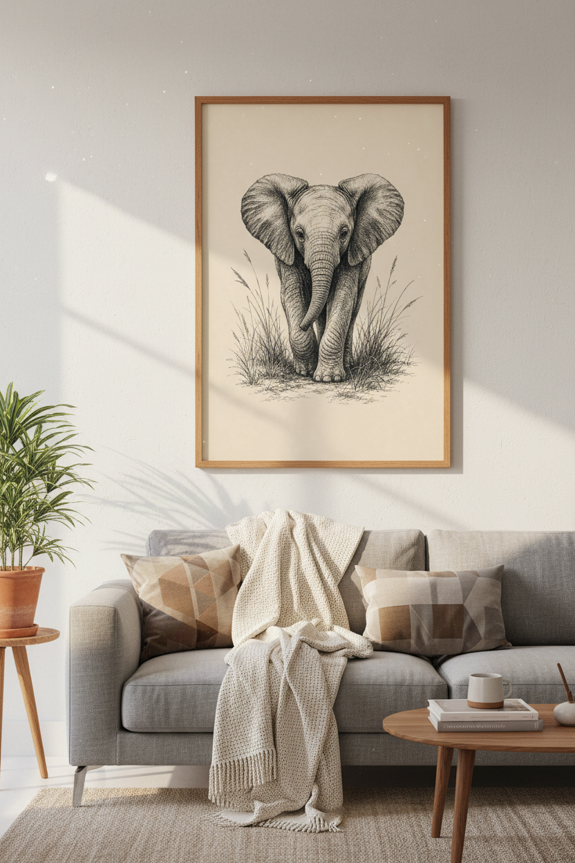 Baby Elephant Sketch Wall Art | Vintage Safari Nursery Decor | Minimalist Poster
