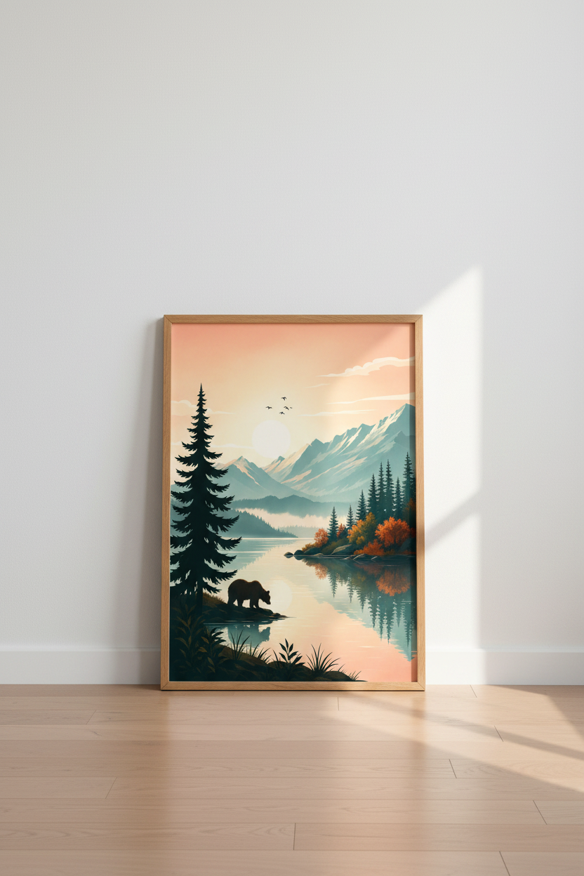 Bear Mountain Lake Wall Art | Minimalist Nature Poster, Cabin Decor