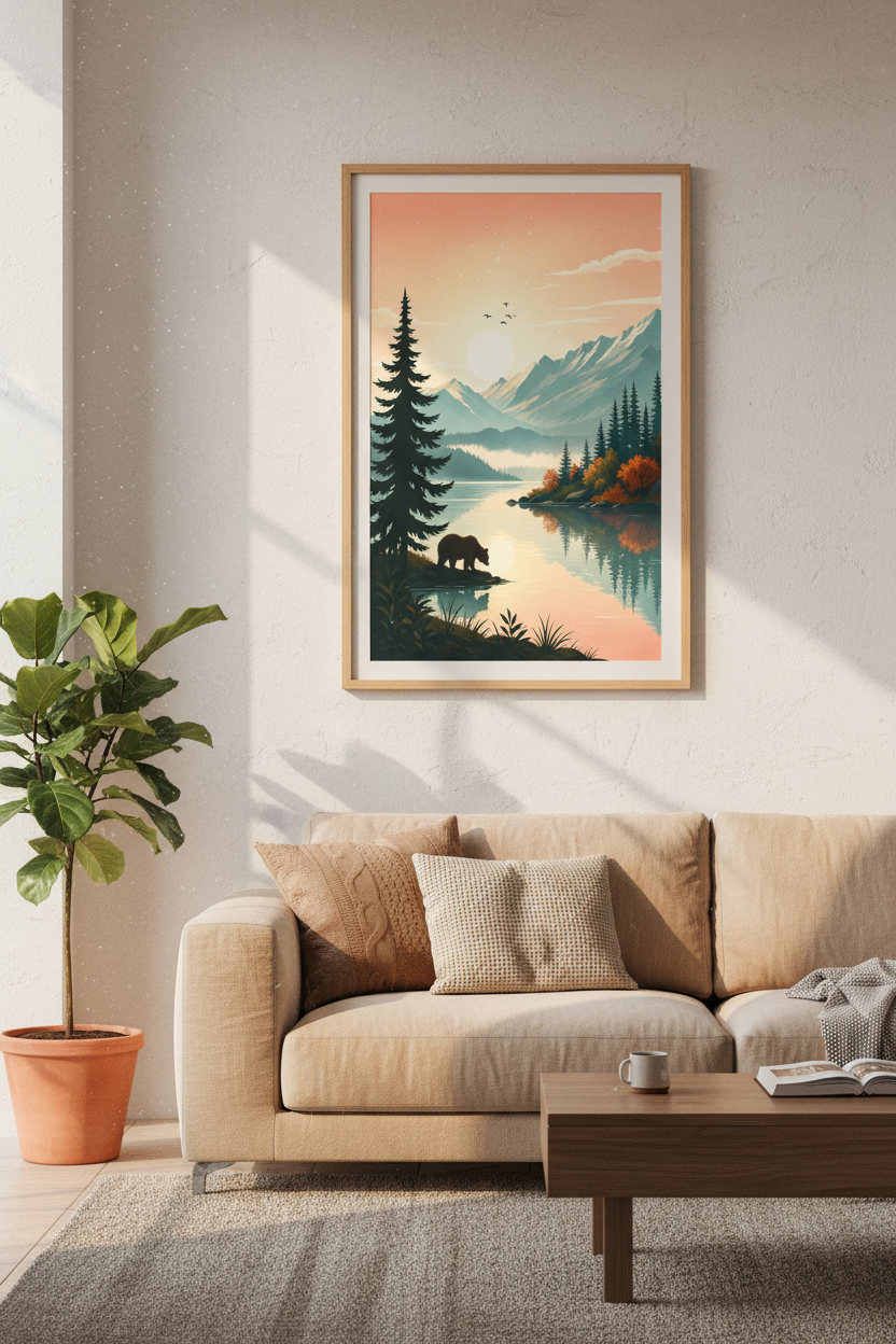 Bear Mountain Lake Wall Art | Minimalist Nature Poster, Cabin Decor