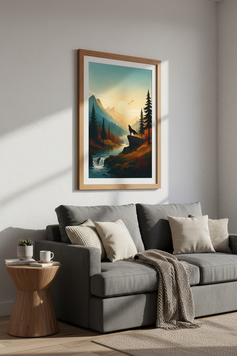 Howling Wolf Mountain Wall Art | Nature Forest Landscape, Cabin Decor Poster