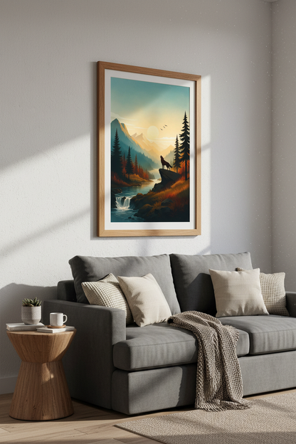 Howling Wolf Mountain Wall Art | Nature Forest Landscape, Cabin Decor Poster