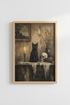 Dark Academia Black Cat Print | Gothic Vintage Skull Poster, Moody Library Wall Art