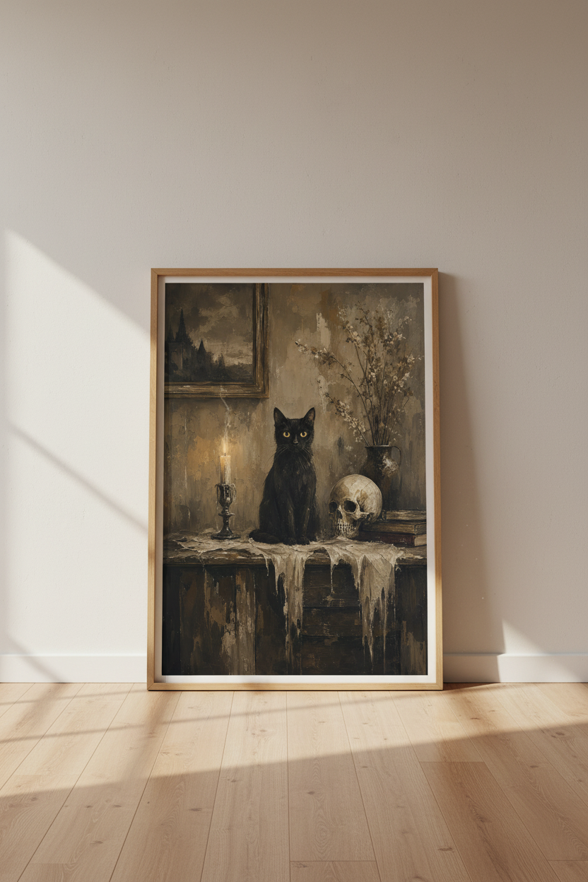 Dark Academia Black Cat Print | Gothic Vintage Skull Poster, Moody Library Wall Art