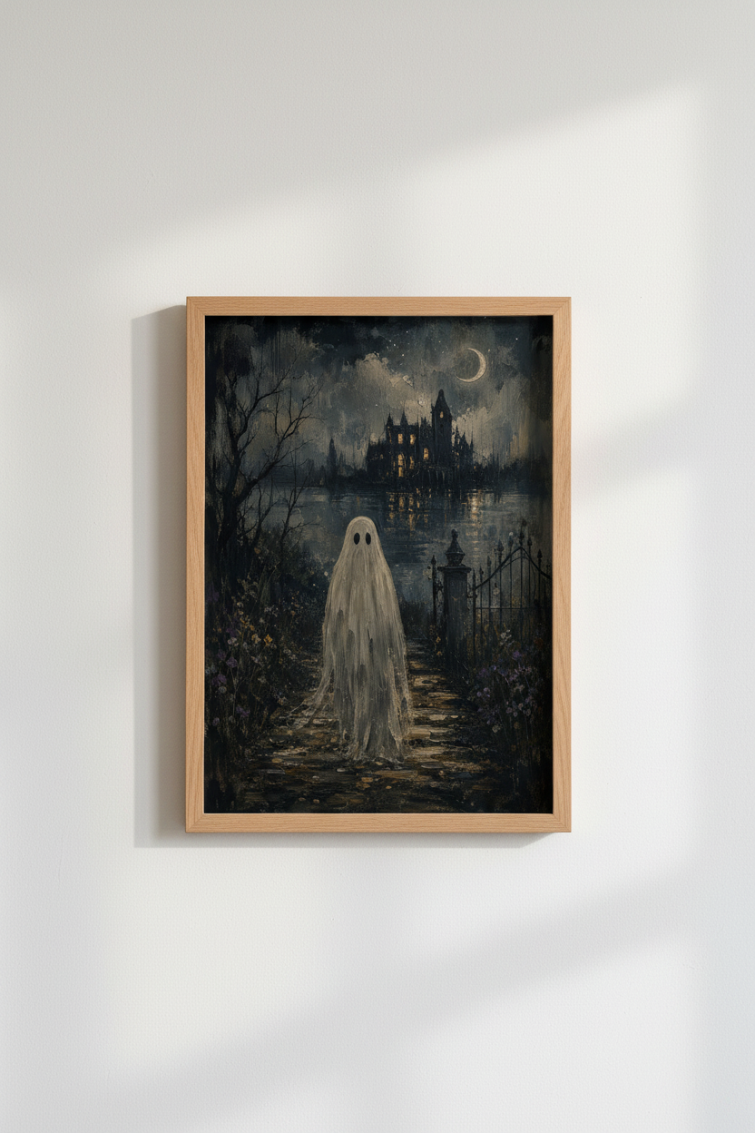 Dark Academia Ghost Art | Gothic Moody Manor Poster, Vintage Oil Style Print