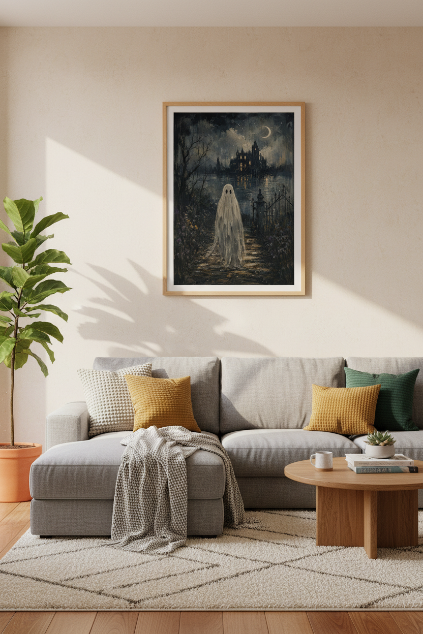 Dark Academia Ghost Art | Gothic Moody Manor Poster, Vintage Oil Style Print