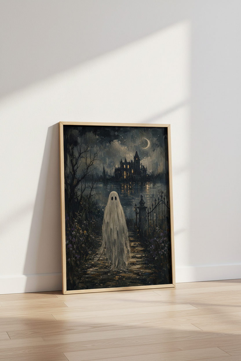 Dark Academia Ghost Art | Gothic Moody Manor Poster, Vintage Oil Style Print