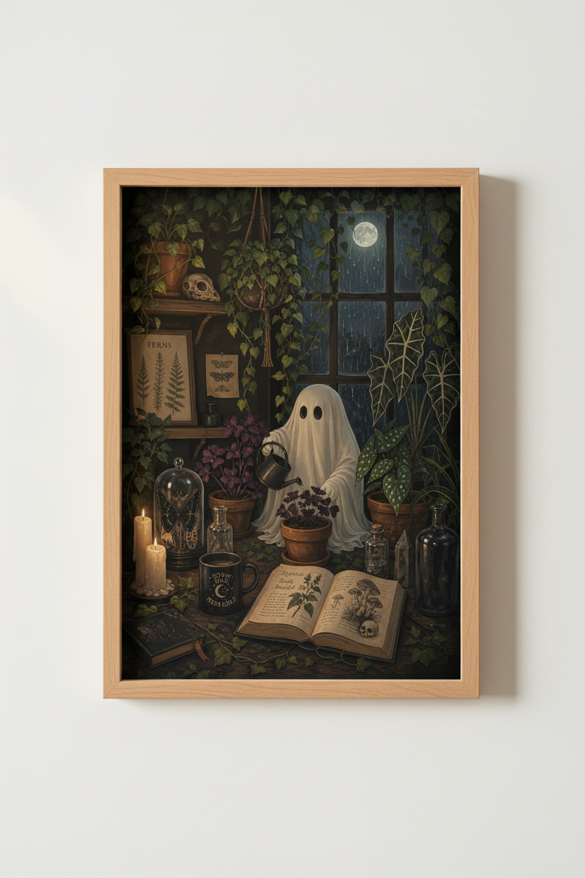 Dark Academia Ghost Wall Art | Gothic Botanical Poster, Moody Room Decor