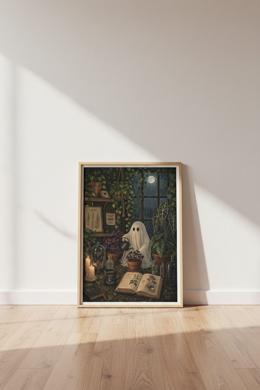 Dark Academia Ghost Wall Art | Gothic Botanical Poster, Moody Room Decor