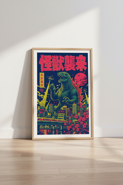 Japanese Kaiju Monster Wall Art | Retro Neon City Poster | Gamer Room Decor