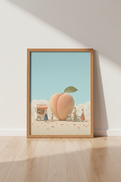 Giant Peach Whimsical Wall Art | Pastel Surrealism Poster, Kitchen &amp; Nursery Decor