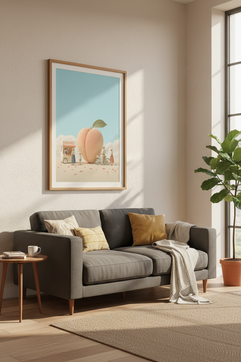 Giant Peach Whimsical Wall Art | Pastel Surrealism Poster, Kitchen &amp; Nursery Decor