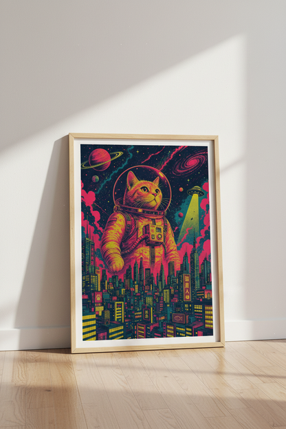 Giant Astro Cat Cityscape Print | Neon Cyberpunk Wall Art, Retro Space Poster