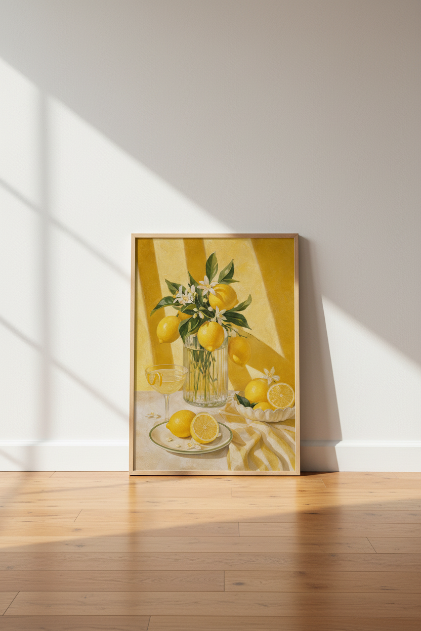 Lemon Still Life Art Print | Yellow Citrus Kitchen Decor | Mediterranean Poster