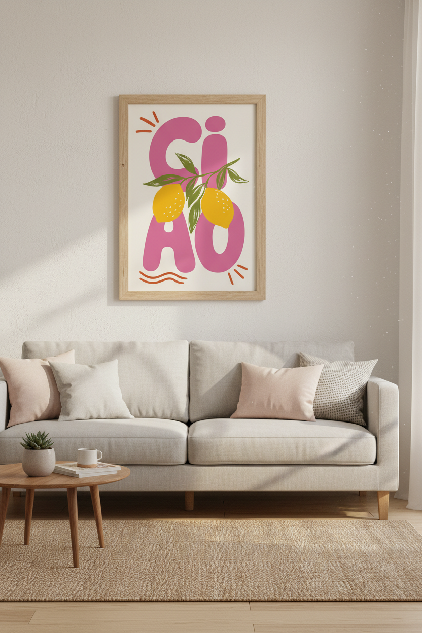 Ciao Lemon Wall Art Print | Pink Italian Kitchen Decor | Mediterranean Poster