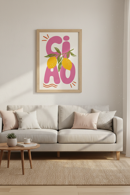 Ciao Lemon Wall Art Print | Pink Italian Kitchen Decor | Mediterranean Poster