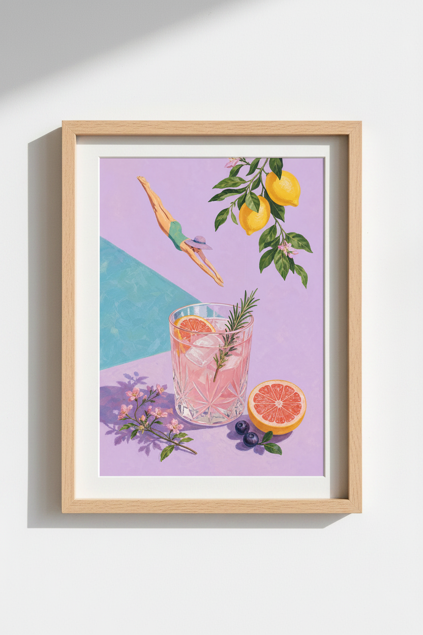 Summer Cocktail Art Print | Retro Poolside Decor, Lilac Pastel Aesthetic Poster