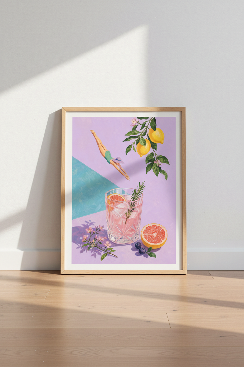 Summer Cocktail Art Print | Retro Poolside Decor, Lilac Pastel Aesthetic Poster