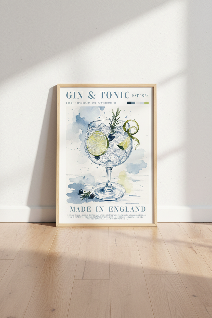 Gin and Tonic Watercolor Art | Botanical Cocktail Poster, Kitchen &amp; Bar Decor