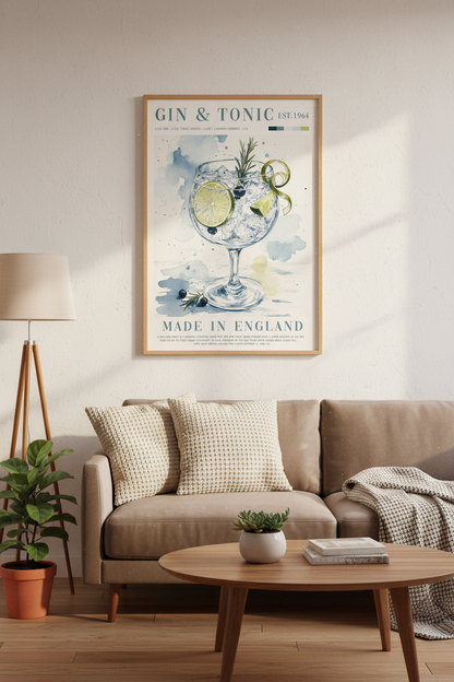Gin and Tonic Watercolor Art | Botanical Cocktail Poster, Kitchen &amp; Bar Decor