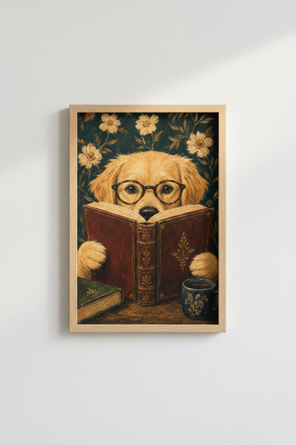 Dark Academia Dog Art Print | Golden Retriever Reading Poster, Library Decor
