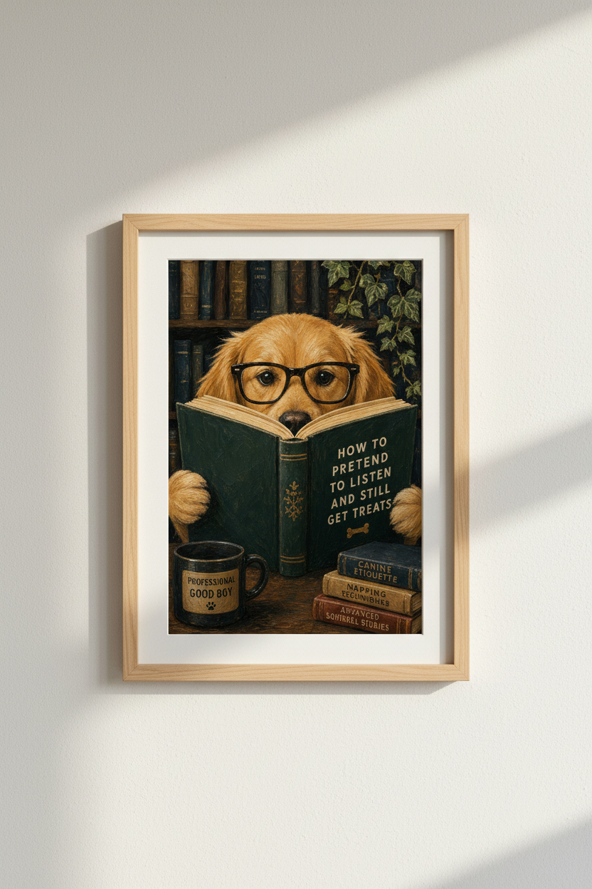 Funny Dog Art Print | Dark Academia Golden Retriever Poster, Library Decor