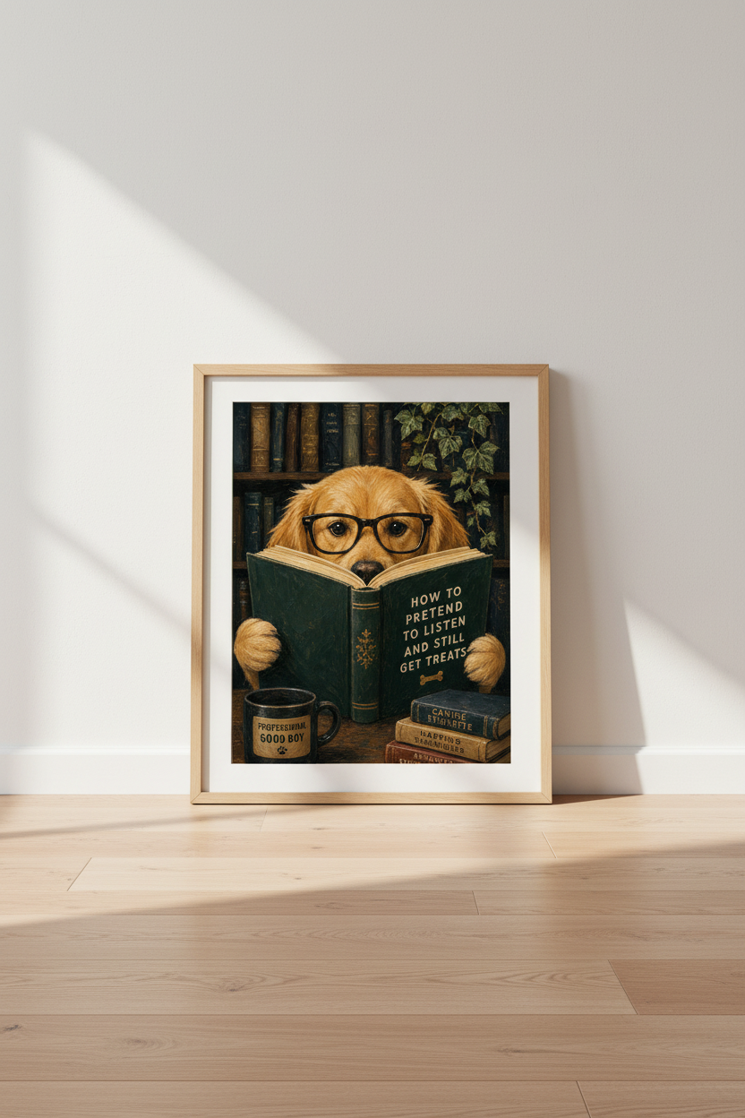 Funny Dog Art Print | Dark Academia Golden Retriever Poster, Library Decor