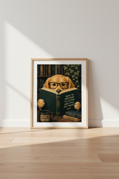 Funny Dog Art Print | Dark Academia Golden Retriever Poster, Library Decor