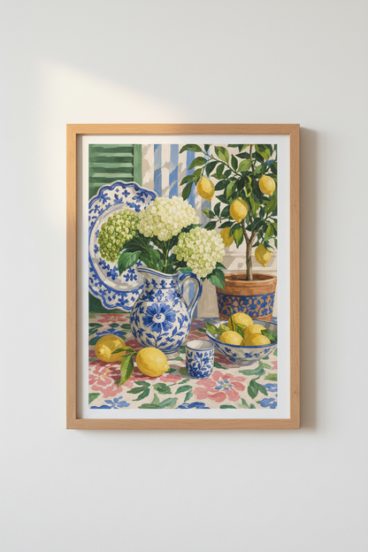 Mediterranean Kitchen Wall Art Print | Lemon &amp; Blue Ginger Jar | Coastal Fruit Poster