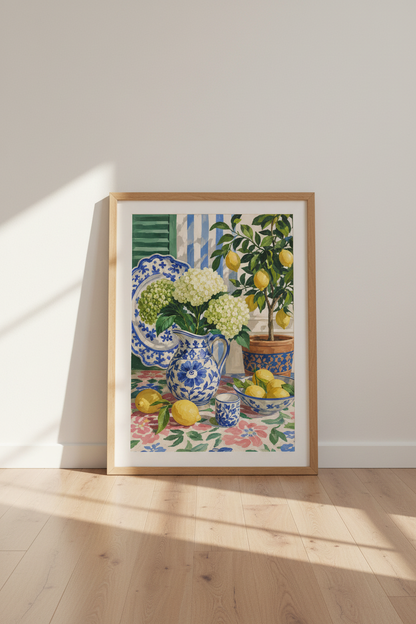 Mediterranean Kitchen Wall Art Print | Lemon &amp; Blue Ginger Jar | Coastal Fruit Poster