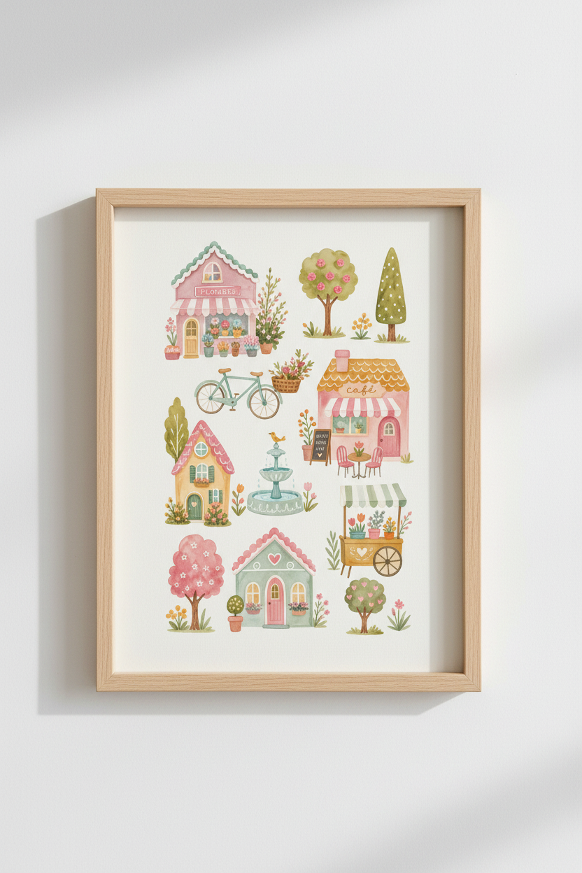 Whimsical Cottagecore Poster | Watercolor Village Art, Pastel Nursery Decor
