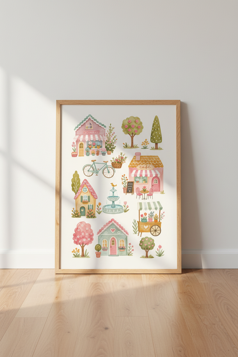 Whimsical Cottagecore Poster | Watercolor Village Art, Pastel Nursery Decor