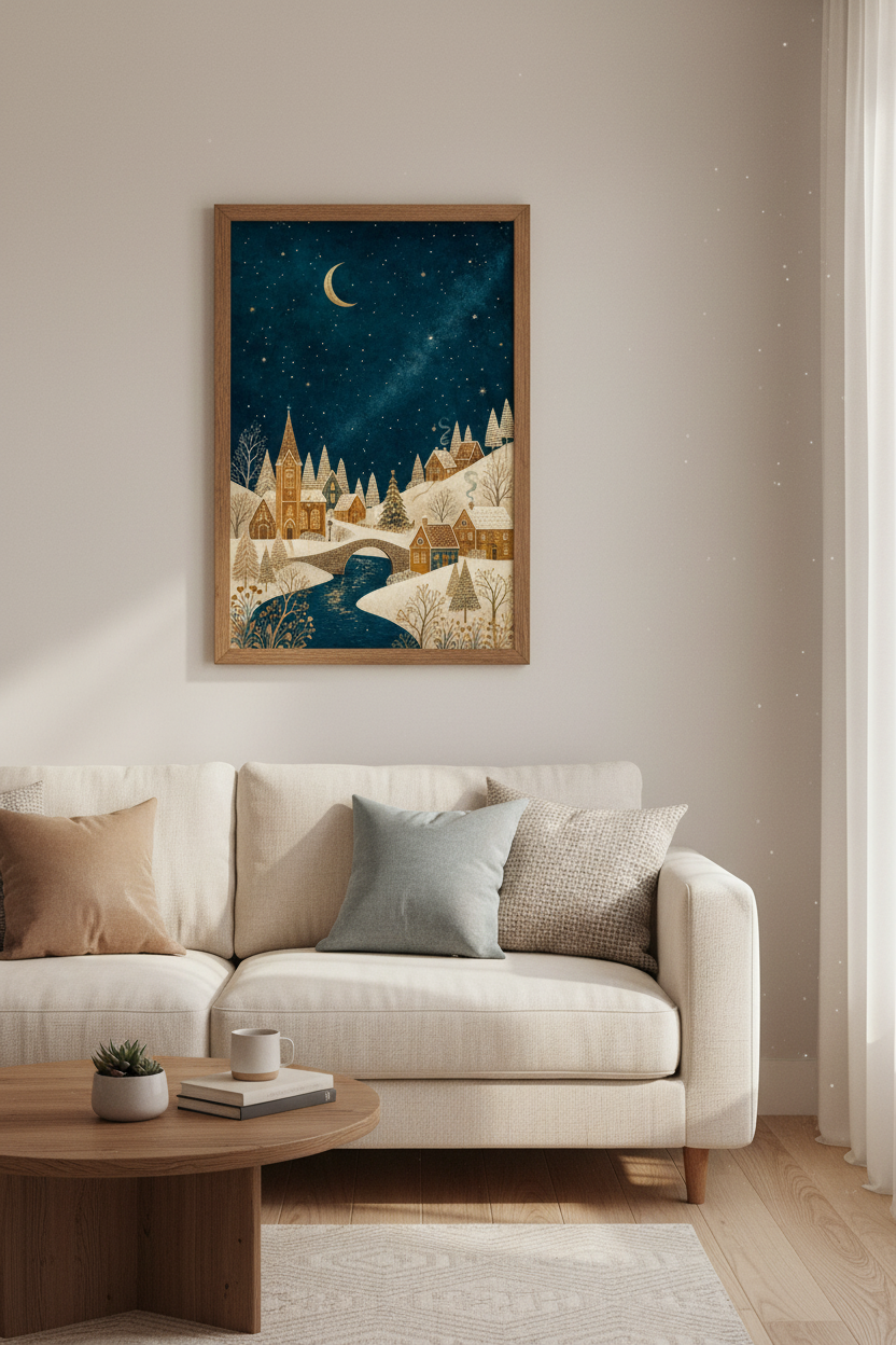 Winter Village Night Art Print | Celestial Navy &amp; Gold Decor | Whimsical Poster