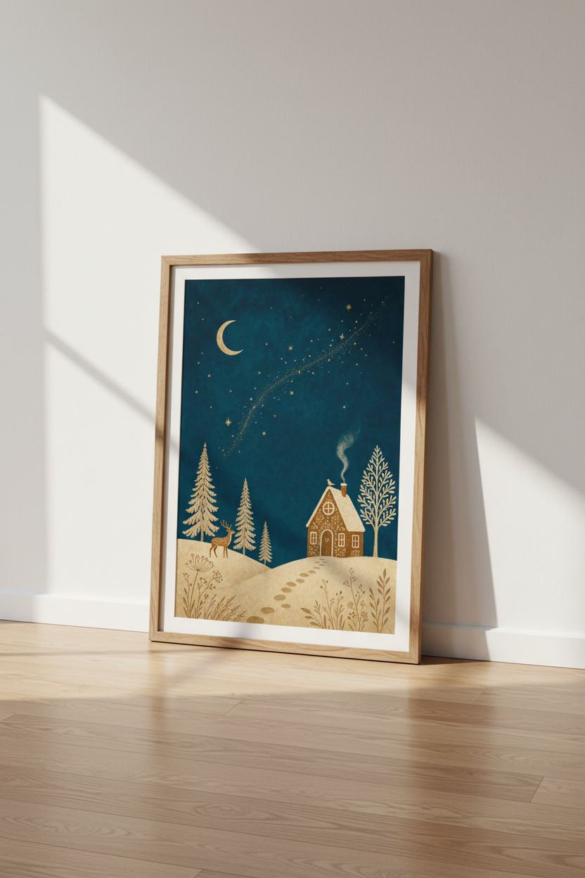 Winter Cottage Night Wall Art | Gold Celestial Poster, Navy Nursery Decor