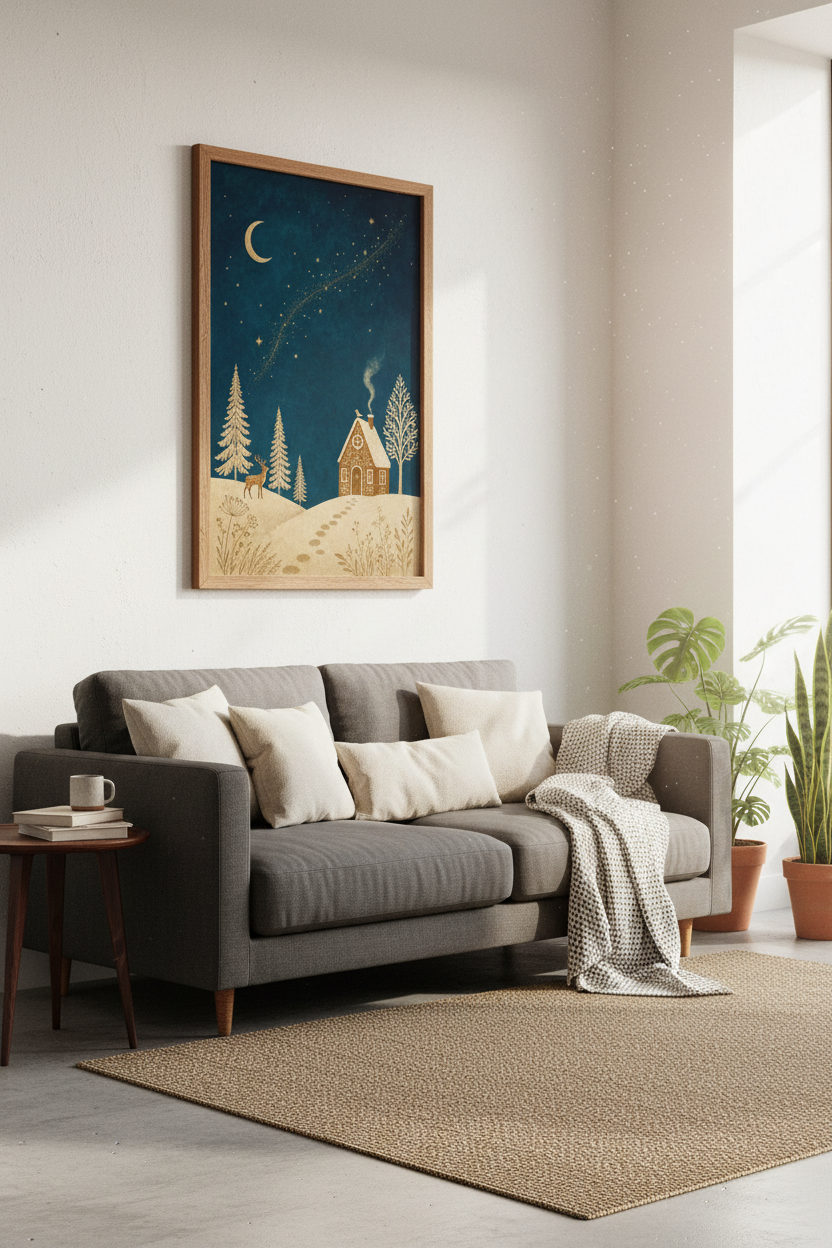 Winter Cottage Night Wall Art | Gold Celestial Poster, Navy Nursery Decor