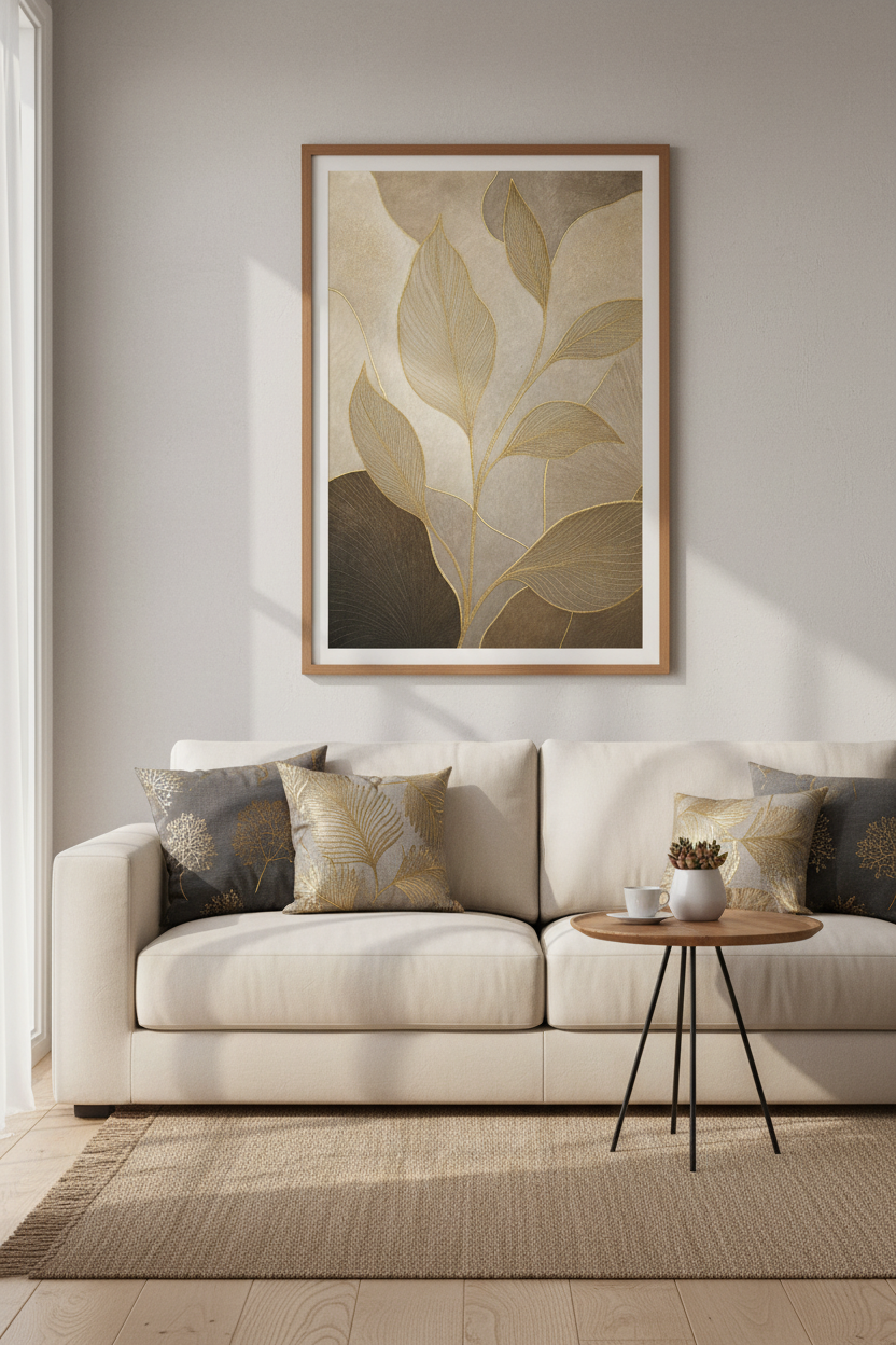 Abstract Gold Leaf Wall Art | Beige &amp; Brown Botanical Poster, Modern Room Decor