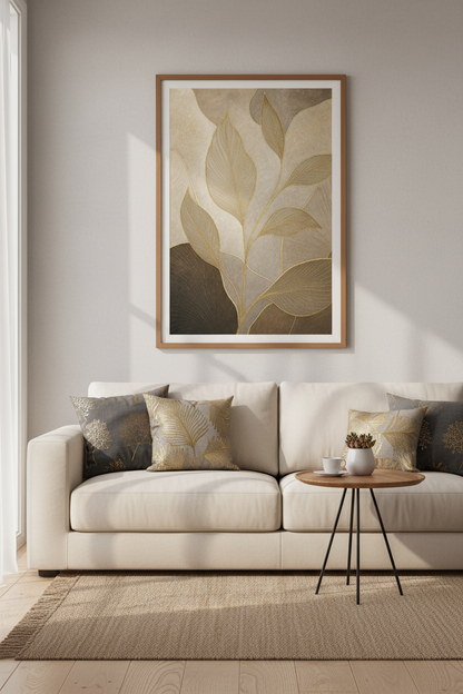 Abstract Gold Leaf Wall Art | Beige &amp; Brown Botanical Poster, Modern Room Decor