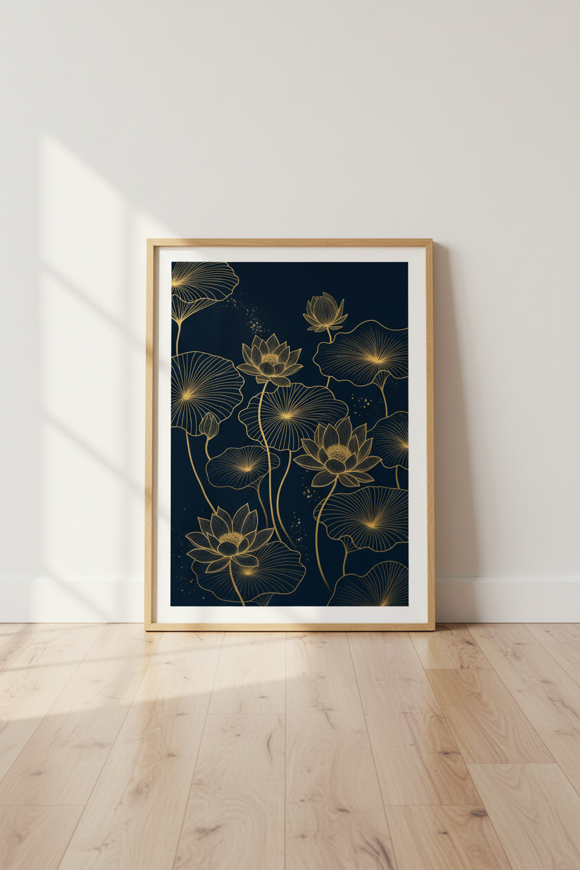 Gold Lotus Flower Wall Art | Navy Blue Botanical Poster, Zen Living Room Decor