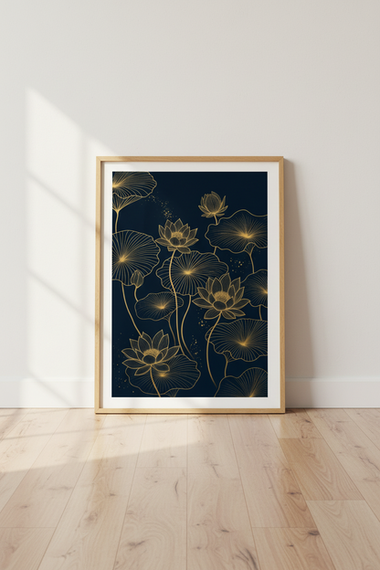 Gold Lotus Flower Wall Art | Navy Blue Botanical Poster, Zen Living Room Decor