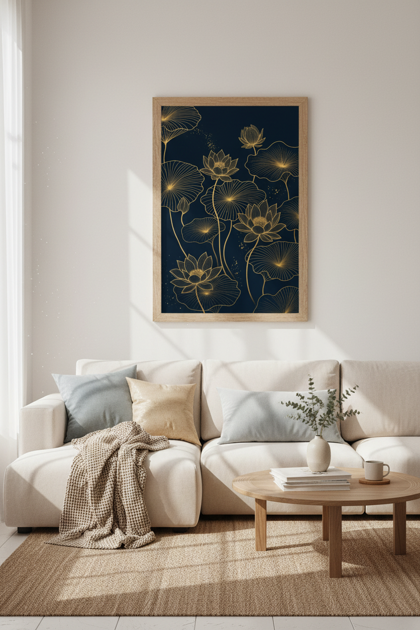 Gold Lotus Flower Wall Art | Navy Blue Botanical Poster, Zen Living Room Decor