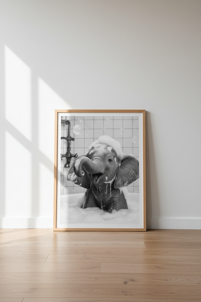Baby Elephant in Bathtub Wall Art | Black and White Bathroom Decor | Whimsical Poster
