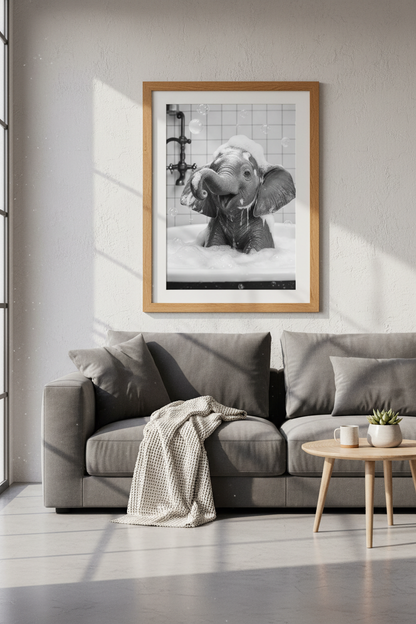 Baby Elephant in Bathtub Wall Art | Black and White Bathroom Decor | Whimsical Poster