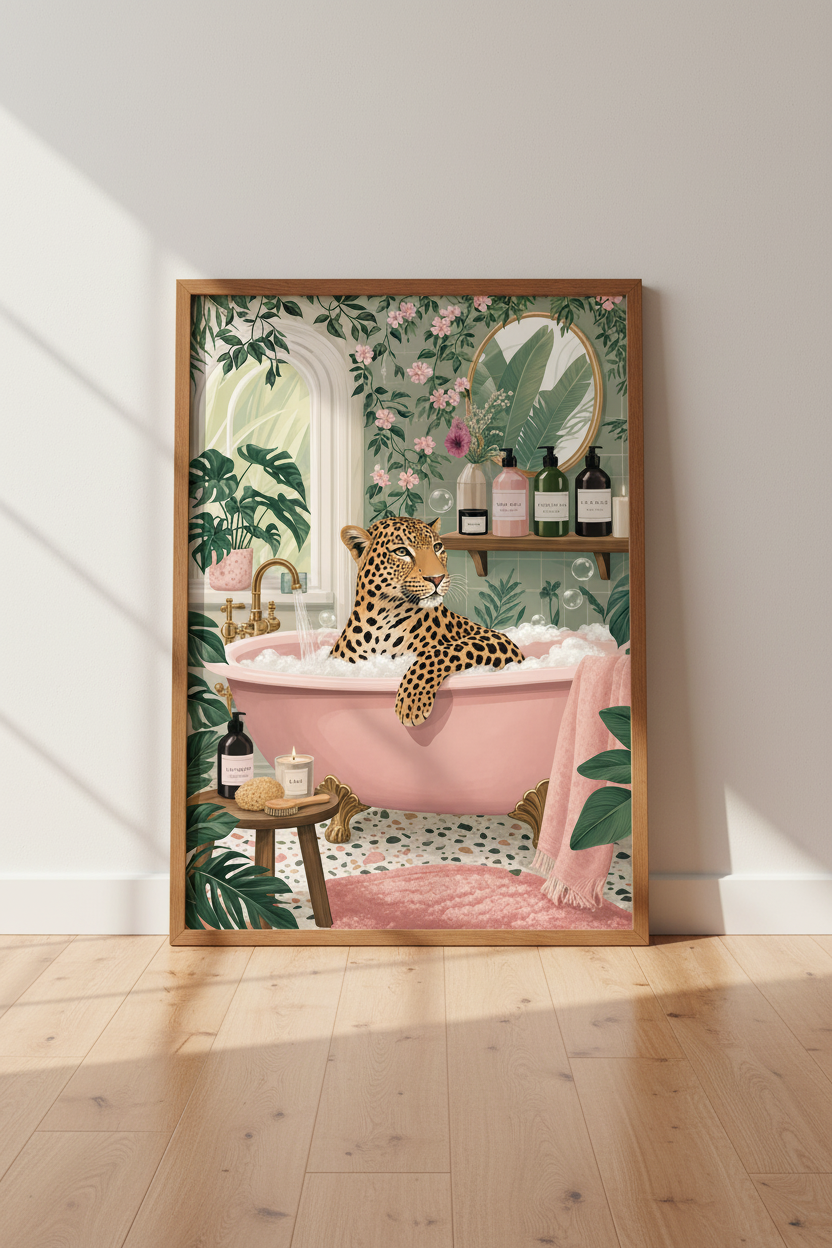 Leopard in Pink Bathtub Wall Art | Maximalist Bathroom Decor | Tropical Jungle Poster