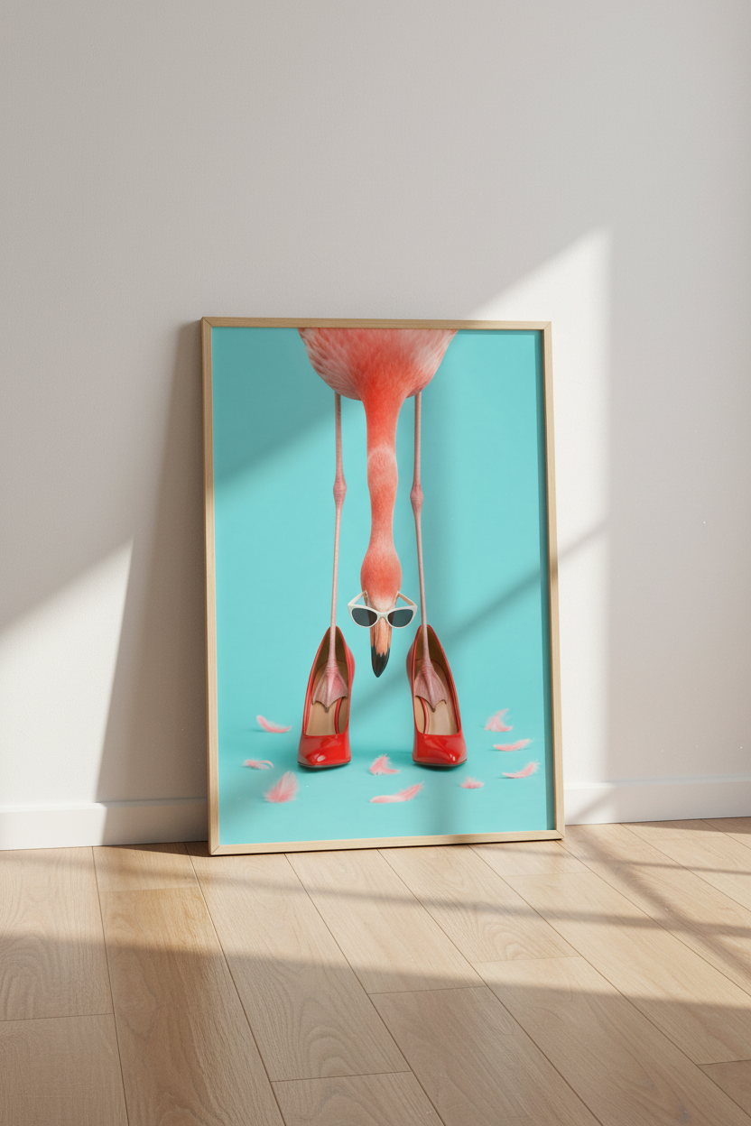Pink Flamingo in Red Heels Wall Art | Dressing Room Decor | Quirky Fashion Poster