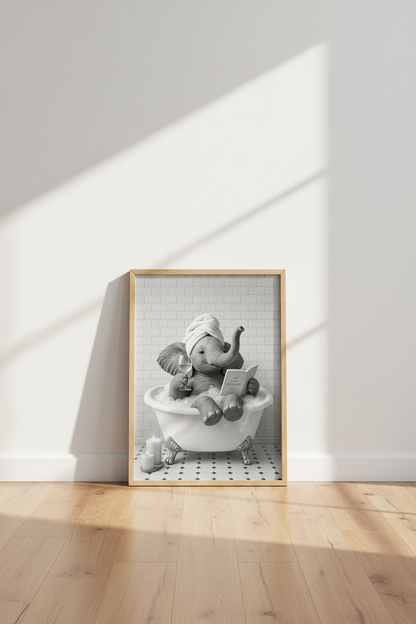 Elephant in Bathtub Wall Art | Funny Bubble Bath Poster | Black and White Bathroom Decor