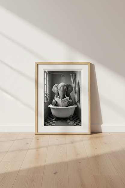 Elephant in Bathtub Wall Art | Funny Black and White Poster | Bathroom Decor
