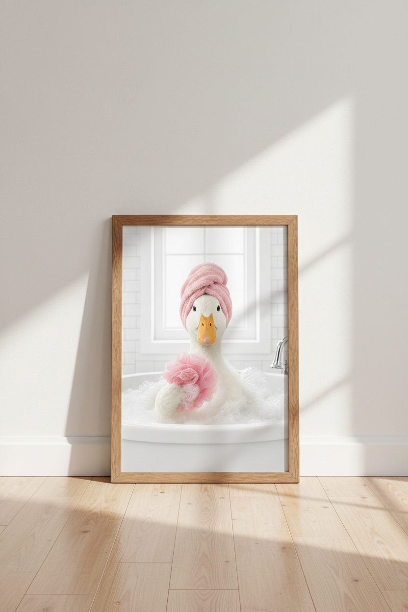 Funny Duck in Bathtub Wall Art Print | Pink Bathroom Decor | Whimsical Animal Poster